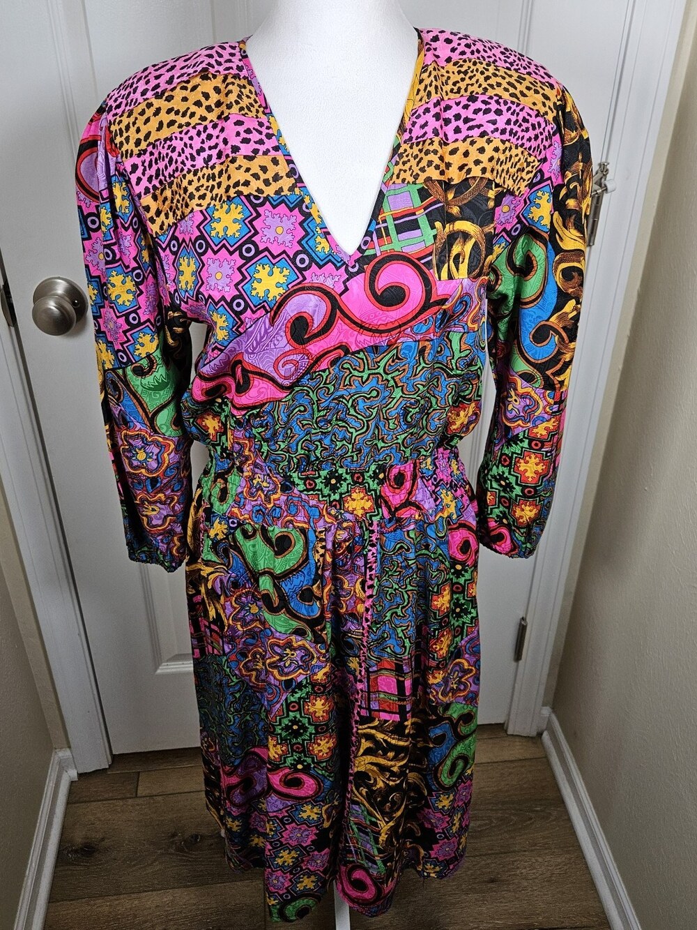 VTG Diane Freis Silk Dress Womens Med Patchwork Print Boho Wedding Euro Summer
